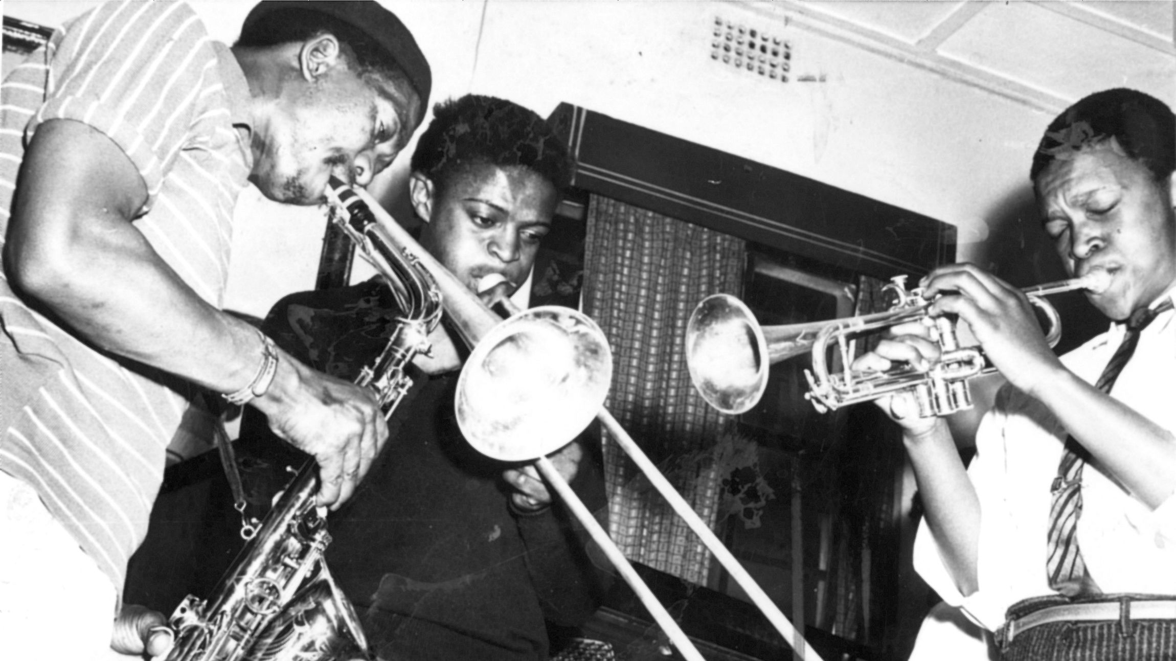 Jonas Gwangwa with Hugh Masekela and Kippie Moeketsi. Photo from Africa Media Online.